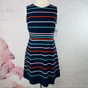 Sandra Darren navy multicolor stripe a-line dress NWT 14